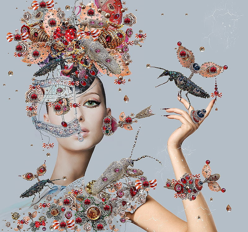 Surrealist fashion, model, tina cassati, surrealist, woman, fantays, girl, bird, hand, flower, insect, fashion, HD wallpaper