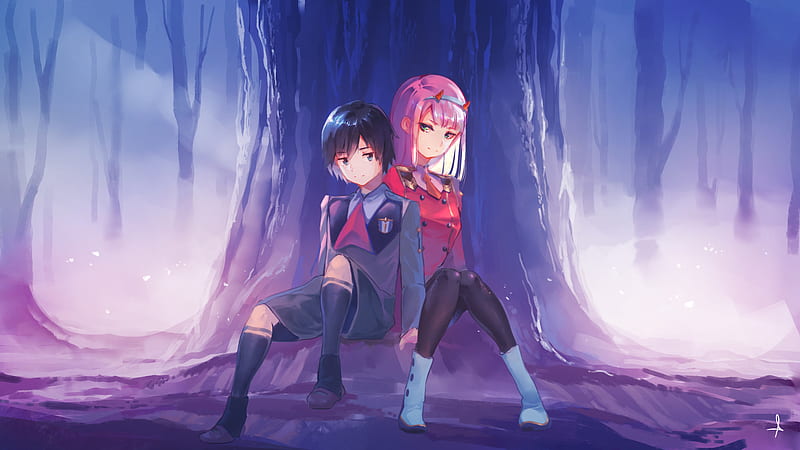 darling in the franxx zero two hiro sitting in front of tree with shallow background of trees anime, HD wallpaper