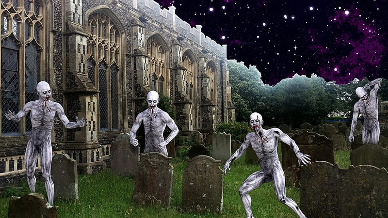 Halloween's Undead, stars, undead, grass, cemetery, tombstones, church, trees, sky, building, zombies, gravestones, graveyard, Halloween, HD wallpaper