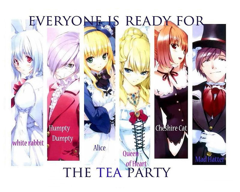 ~The Tea Party~, queen of hearts, humpty dumpty, mad hatter, alice in wonderland, fantasy, anime, white rabbit, classic, cheshire cat, HD wallpaper