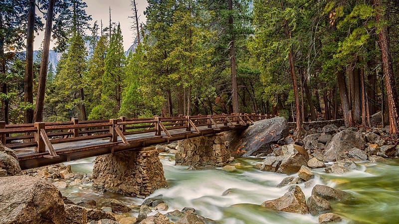 Yosemite National Park, Sierra Nevada, California, usa, river, clouds, bridge, sky, forest, stones, HD wallpaper
