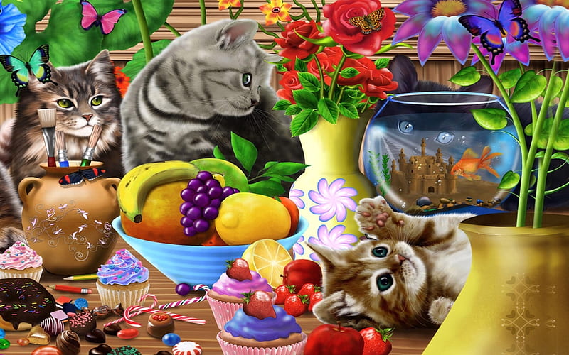 Playful Kitties, fruit, cute, colorful, food, Cats, fish bowl, flowers, Kittens, HD wallpaper
