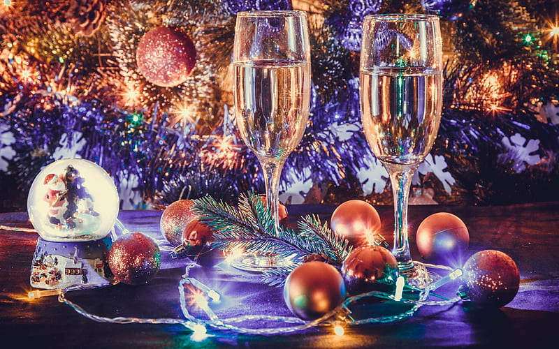 Champagne, New Year, champagne glasses, 2017, christmas, winter, garland, HD wallpaper