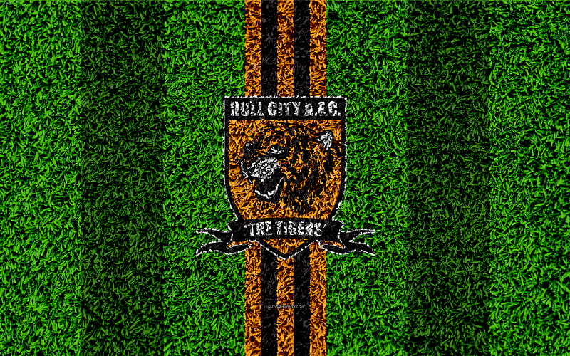 Hull City Tigers football lawn, logo, emblem, English football club, yellow black lines, Football League Championship, grass texture, Kingston upon Hull, UK, England, football, Hull City FC, HD wallpaper