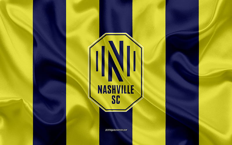Nashville SC new logo, blue and yellow silk flag, MLS, Nashville SC new emblem, silk texture, MSL, Nashville, Tennessee, USA, Nashville SC, HD wallpaper