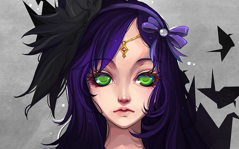 Witch, bant, origami, green eyes, manga, sorceress, black, bow, girl, purple, anime, HD wallpaper
