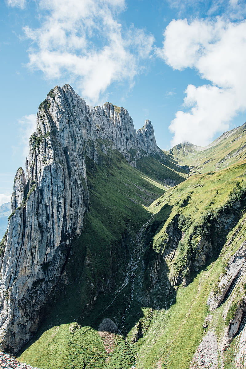 mountains, rocks, gorge, slope, greenery, HD phone wallpaper