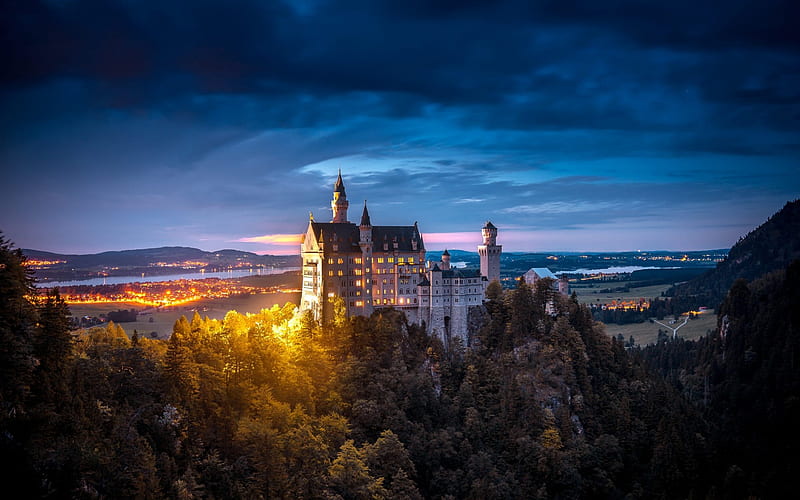 Neuschwanstein, beautiful old castle, evening, lights, Bavaria, Germany, romantic places for with resolution . High Quality, HD wallpaper