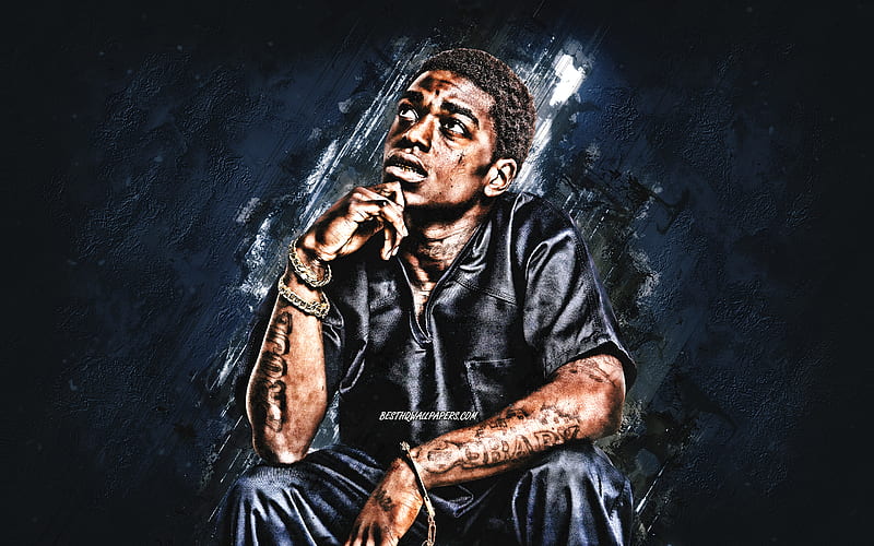 Kodak Black, American rapper, portrait, blue stone background, american star, Dieuson Octave, HD wallpaper