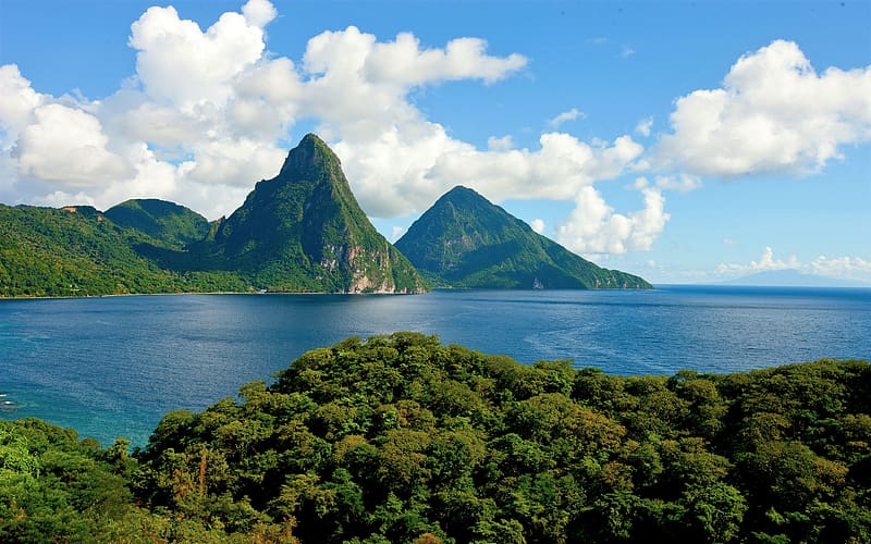 Sea, Mountain, Forest, Ocean, , Coastline, Saint Lucia, Caribbean, HD wallpaper