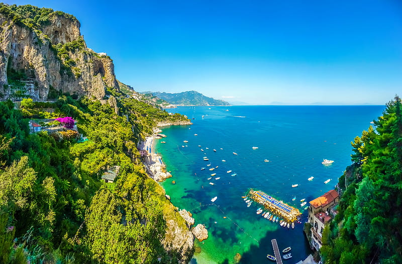 Capri, mediterraneo, rocks, Italy, sailing, sea, boats, village, horizons, blue, rest, vacation, view, greenery, town, sky, summer, island, HD wallpaper