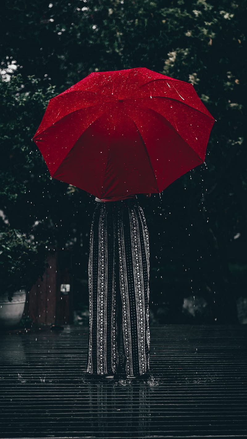umbrella , red, girl, rain, HD phone wallpaper