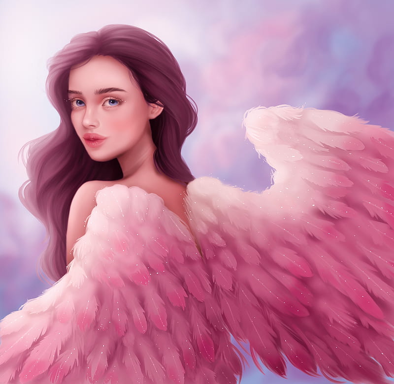 Angel, wings, fantasy, frumusete, girl, luminos, dana i nana, pink, HD wallpaper
