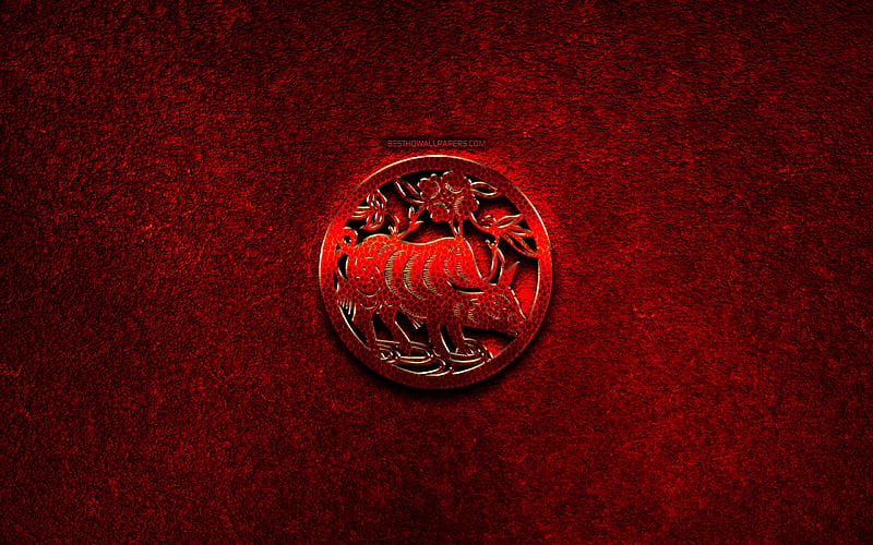 Cow, Chinese zodiac, red metal signs, creative, Chinese calendar, Ox zodiac, red stone background, Chinese Zodiac Signs, HD wallpaper