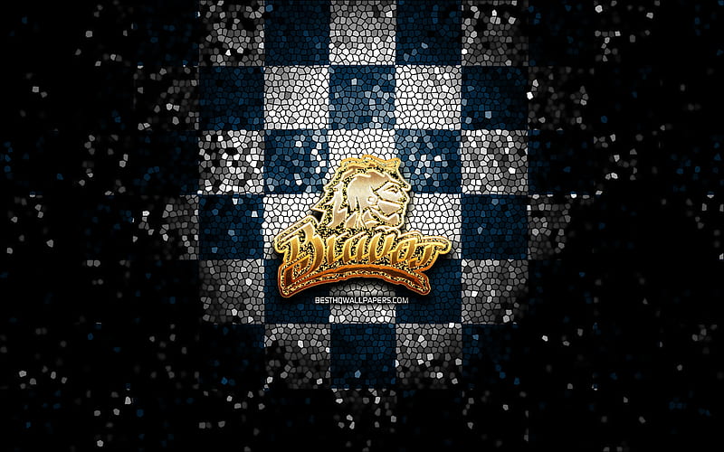 Bravos de Leon, glitter logo, LMB, blue white checkered background, mexican baseball team, Bravos de Leon logo, Mexican Baseball League, mosaic art, baseball, Mexico, HD wallpaper