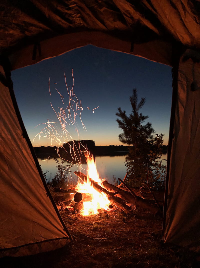 bonfire, tent, camping, night, HD phone wallpaper