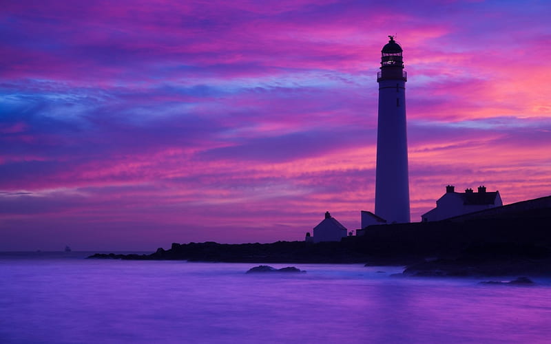 Lighthouse Sunset, oceans, purple, sunsets, nature, sky, pink, lighthouse, sea, HD wallpaper