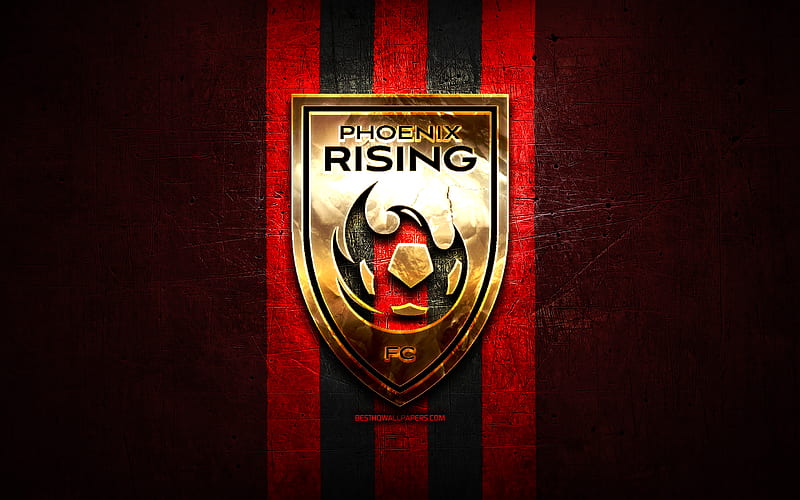 Phoenix Rising FC, golden logo, USL, red metal background, american soccer club, United Soccer League, Phoenix Rising logo, soccer, USA, HD wallpaper