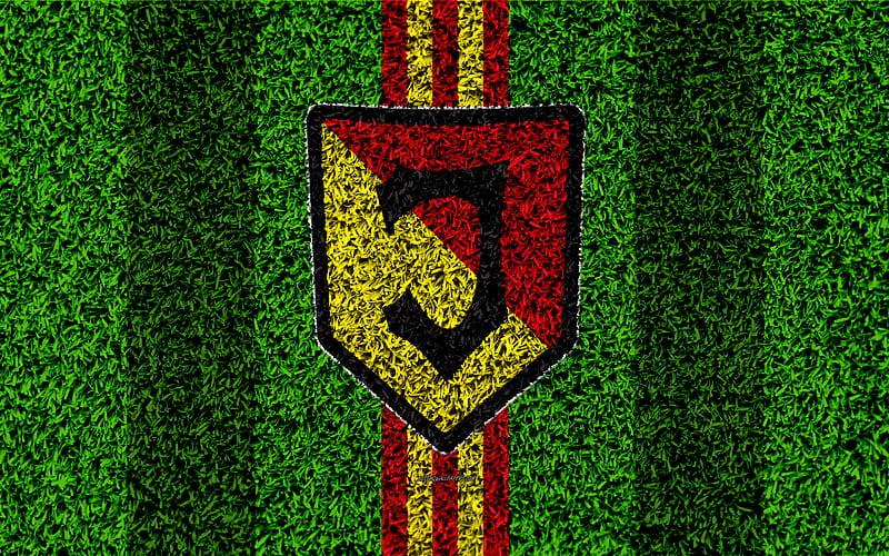 Jagiellonia FC logo, football lawn, Polish football club, green grass texture, red black lines, Ekstraklasa, Bialystok, Poland, football, art, HD wallpaper