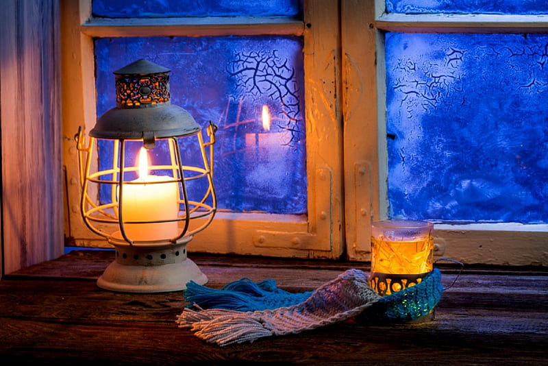Winter Glow , candle, glow, lantern, window, bonito, tea, winter, graphy, cup, scarf, light, frost, HD wallpaper