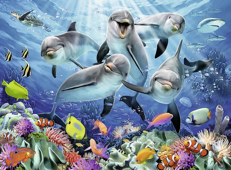 Dolphins, underwater, colorful, art, luminos, fish, sea, cute, dolphin, summer, HD wallpaper