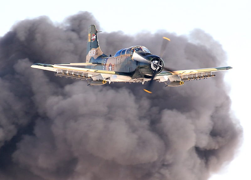 skyraider with smoke cloud, airshow, rockets, bombs, HD wallpaper