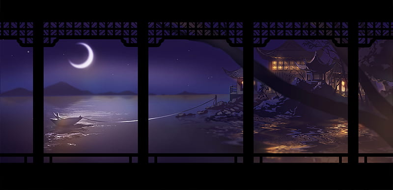 Anime, Original, Boat, Building, Lake, Moon, Night, HD wallpaper
