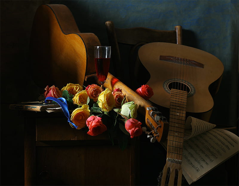 still life, rose, book, bonito, old, graphy, nice, flowers, drink, musical notes, harmony, wine, music, roses, elegantly, key, glass, cool, guitar, bouquet, flower, HD wallpaper