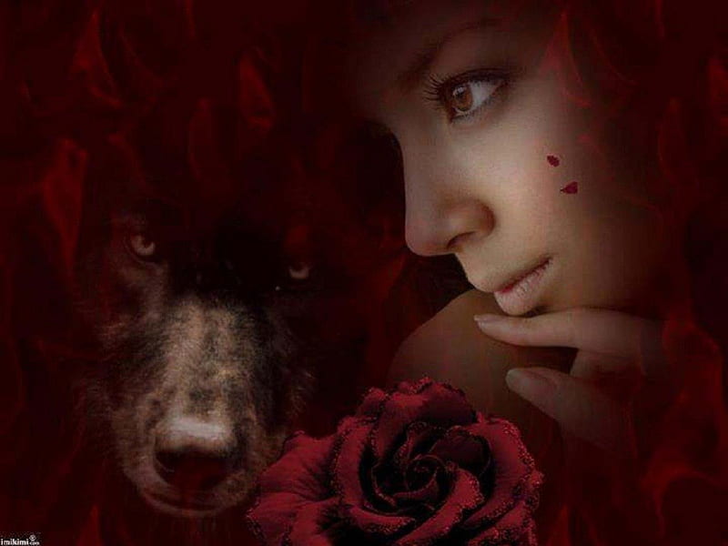 AdeleG And Her Friend, fantasy, wolf, roses, abstract, woman, HD wallpaper