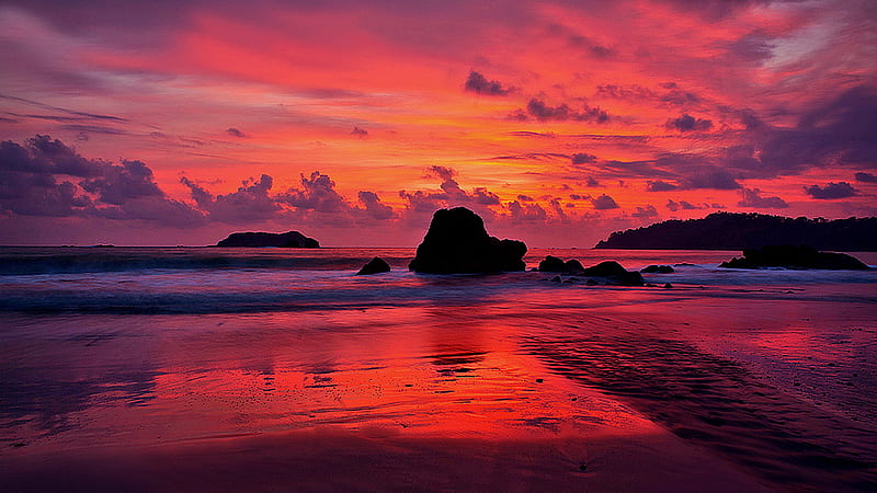Pacific Fire, red, vivid, fiery, bold, ocean, beach, bright, vibrant, r, reflection, saturation, HD wallpaper