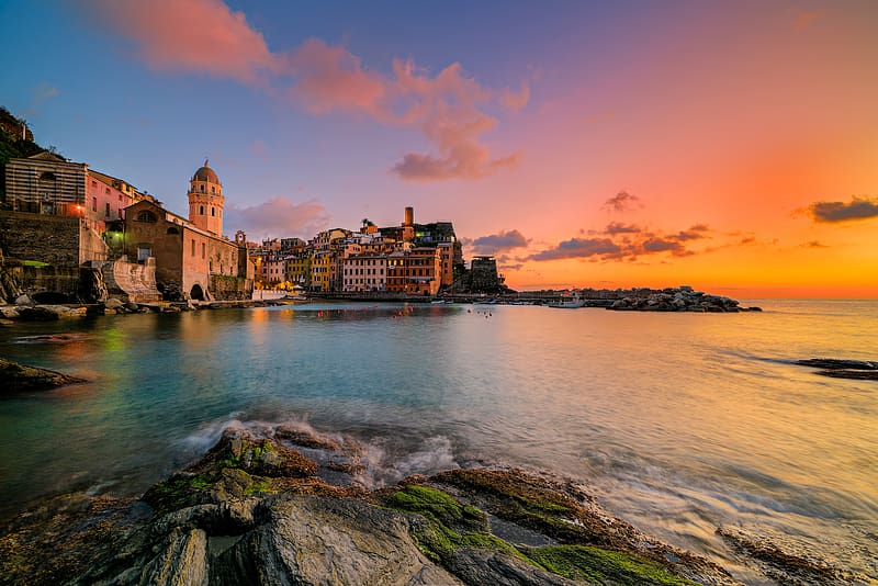 Sunset, Italy, City, Ocean, House, Town, Vernazza, Cinque Terre, , Liguria, Towns, HD wallpaper