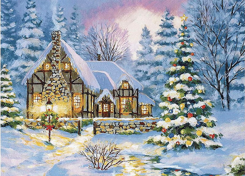 Winter Cottage, snow, christmas, painting, sunset, trees, artwork ...