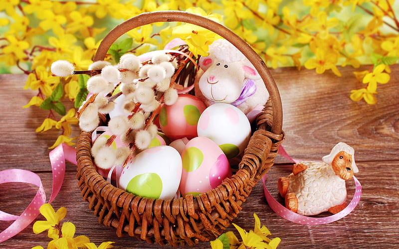 Happy Easter!, fugurine, basket, flower, easter, spring, pink, brown, yellow, sheep, egg, HD wallpaper