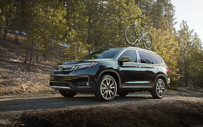 Honda Pilot, 2019 front view, large SUV, new black Pilot, trunk for bicycle on roof of car, Japanese cars, Honda, HD wallpaper