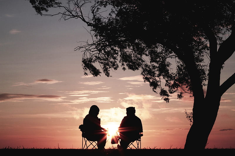 silhouette of two person sitting on chair near tree, HD wallpaper