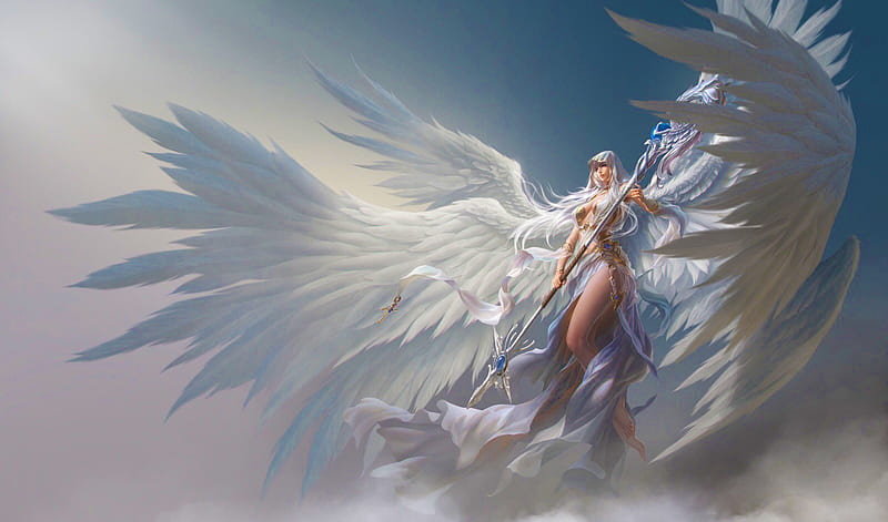 Guardian Angel, pretty, art, angel, bonito, woman, fantasy, girl, digital, white, HD wallpaper