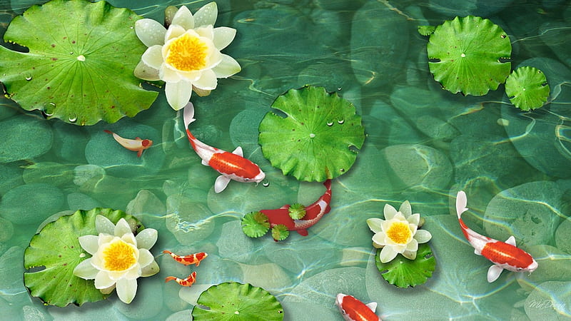 Koi, painting, art, lotus, fish, orange, vara, water, pesti, green, summer, flower, HD wallpaper