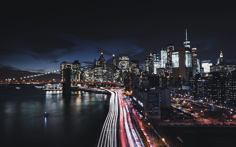Manhattan, New York, Brooklyn Bridge, night, traffic lights, NY, USA, America, HD wallpaper