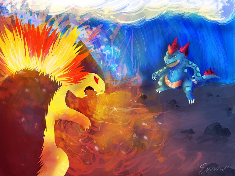 feraligatr vs. typhlosion, beast, fire, pokemon, water, HD wallpaper