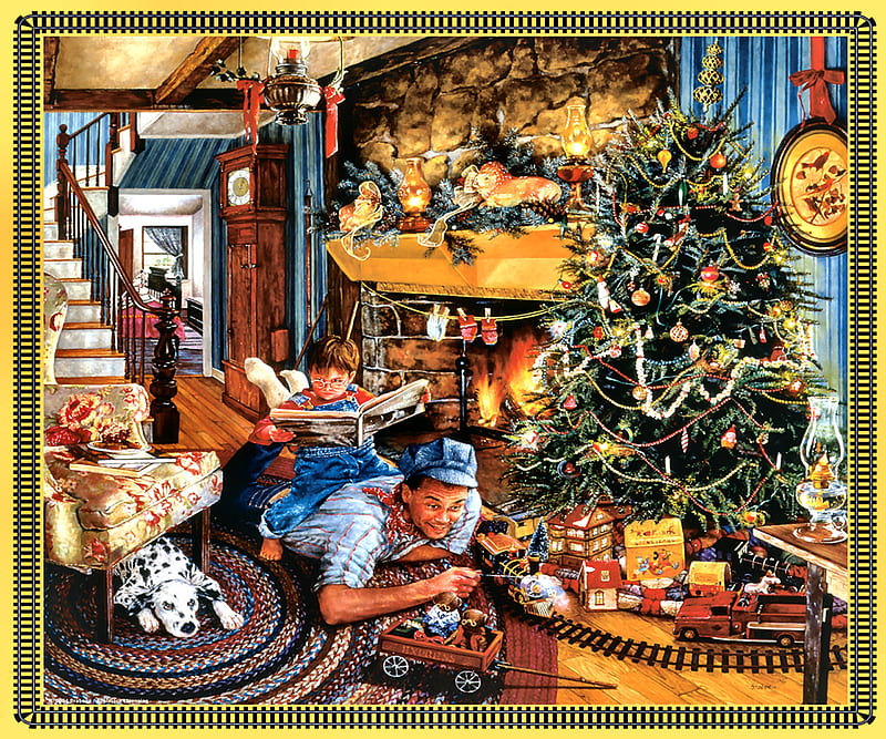 Christmas Train F, railroad, dalmation, Christmas, art, locomotive, bonito, pets, illustration, artwork, canine, train, engine, painting, wide screen, tracks, dogs, HD wallpaper