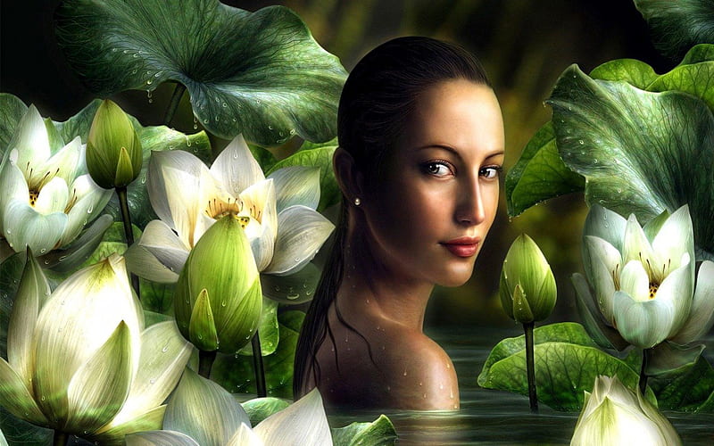 'Nymph in Lotus Pond', pretty, lotus, bloom, charm, attractions in dreams, bonito, woman, fantasy, gentle, 3D and CG, girls, lovely, love four seasons, creative pre-made, abstract, buds, pond, water, droplets, weird things people wear, blossoms, nymphs, HD wallpaper