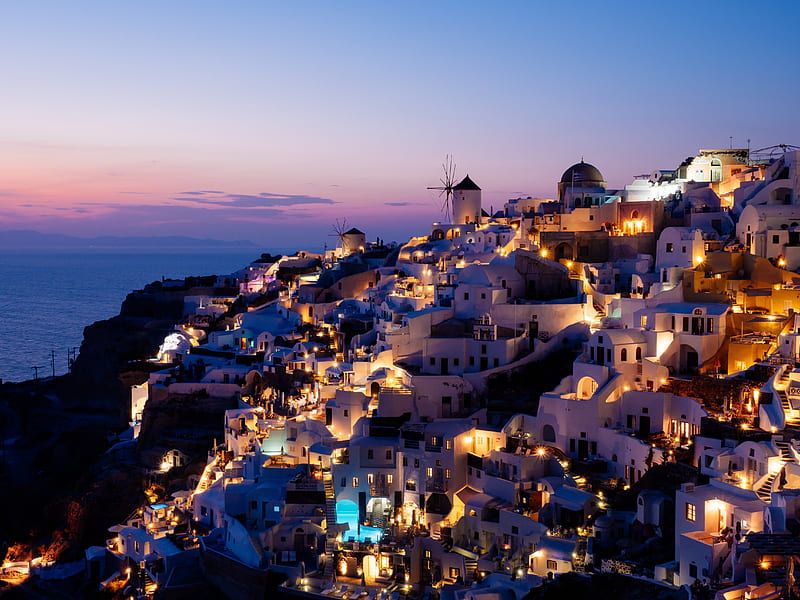 city, resort, sunset, architecture, buildings, oia, greece, HD wallpaper