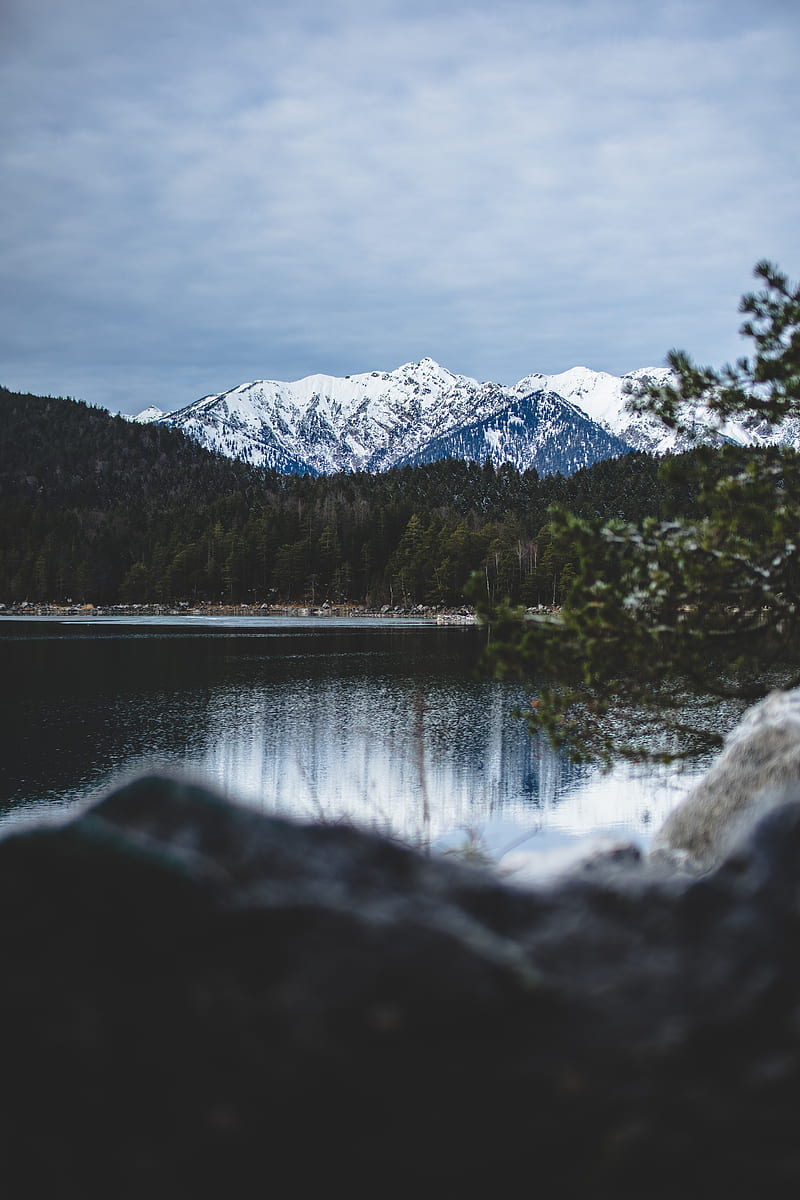 lake, mountains, landscape, snowy, eibsee, grainau, germany, HD phone wallpaper