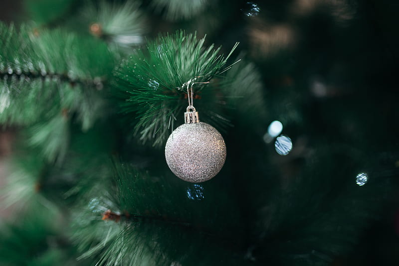ball, decoration, silver, christmas tree, new year, christmas, HD wallpaper