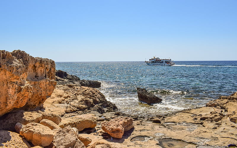 Coast in Ayia Napa, Cyprus, rocks, boat, Cyprus, sea, coast, HD wallpaper