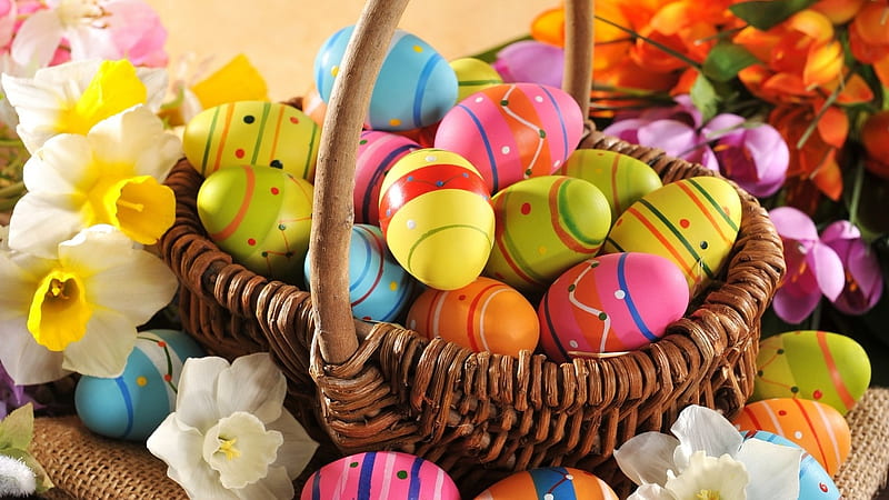 Easter Eggs, eggs, Easter, decoration, basket, HD wallpaper