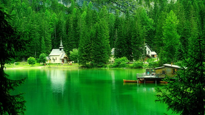Lake Braies, shore, greenery, bonito, emerald, cabin, trees, lake ...