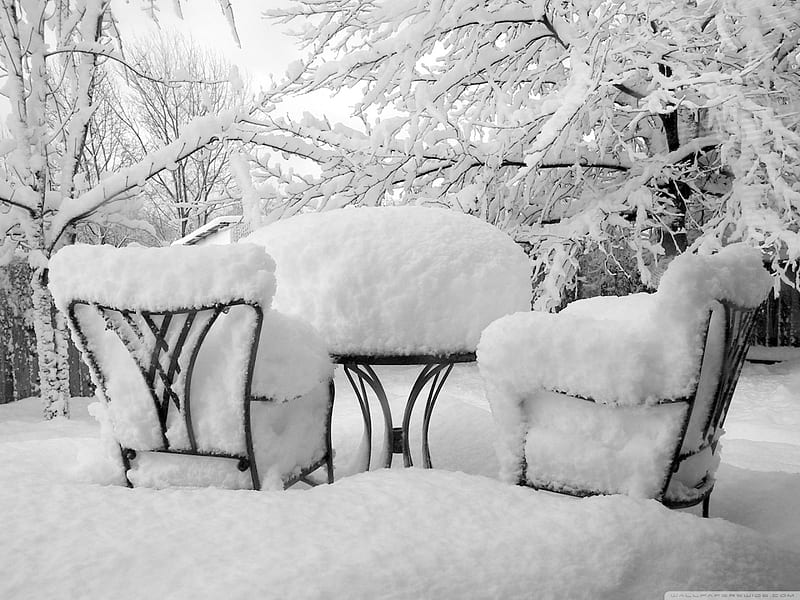 snow, snow, table, covered, winter, cold, nice, snow, chairs, garden, nature, white, HD wallpaper