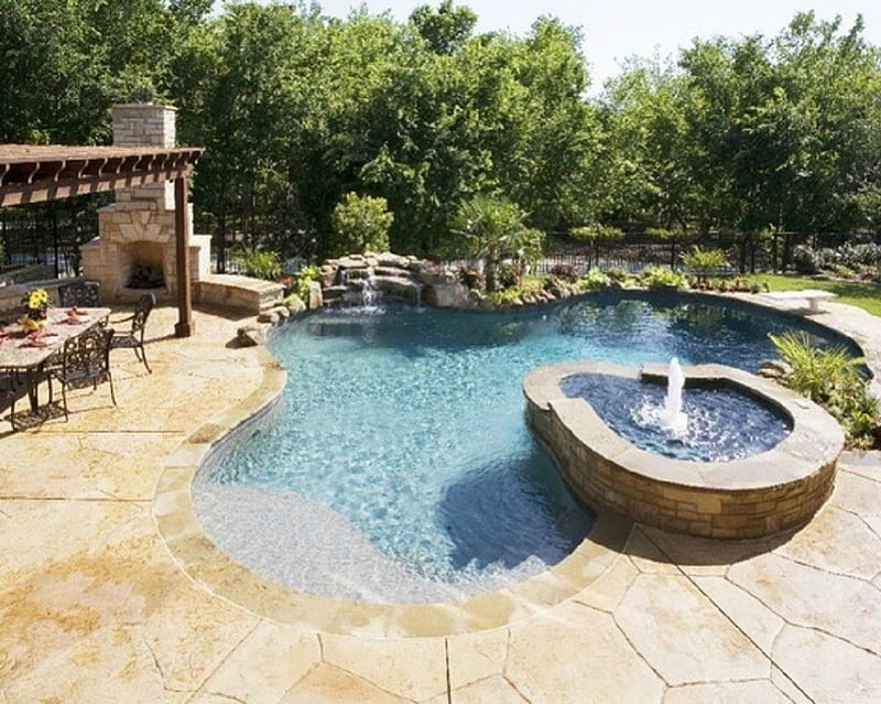 The Pool, fireplace, architecture, pool, backyard, HD wallpaper