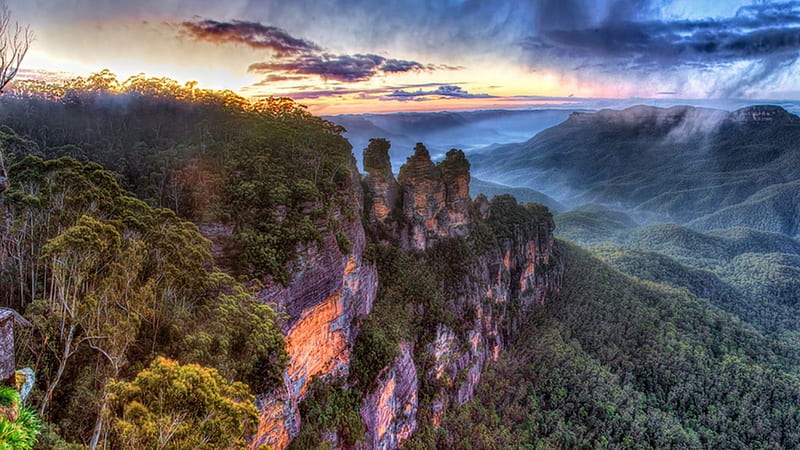three sisters blue cliffs in australia r, cliffs, mountains, r, forests, clouds, HD wallpaper